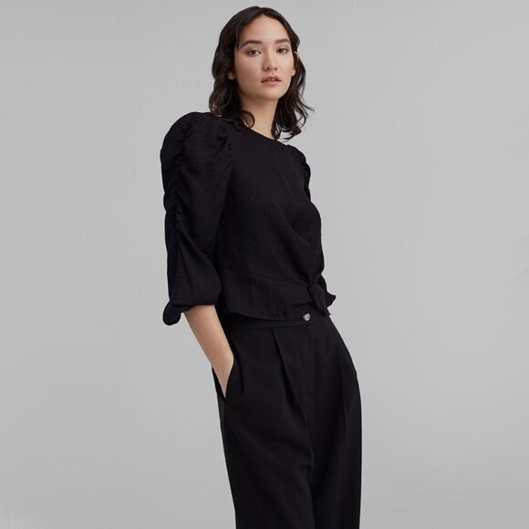 NWT Club Monaco black shirred puff sleeve blouse top, M - Picture 2 of 10